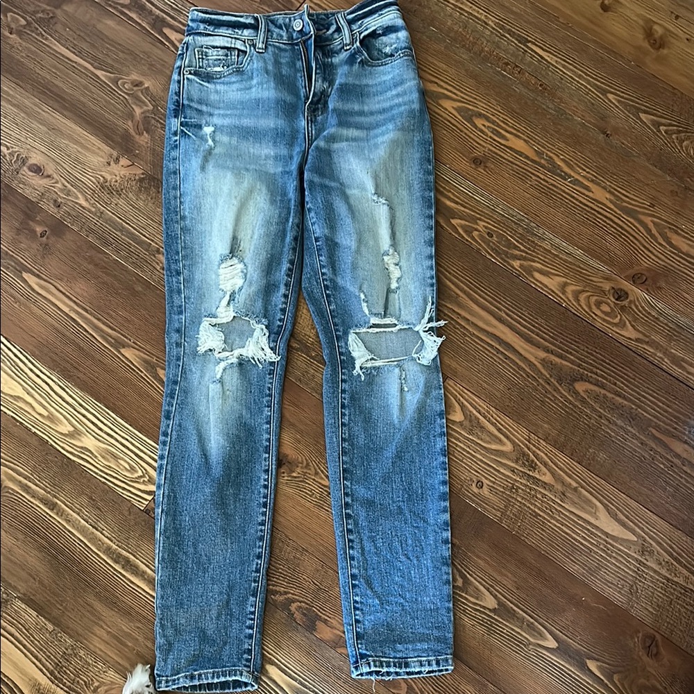 Distressed High-Rise super high rise mom ankle Jeans – Blue